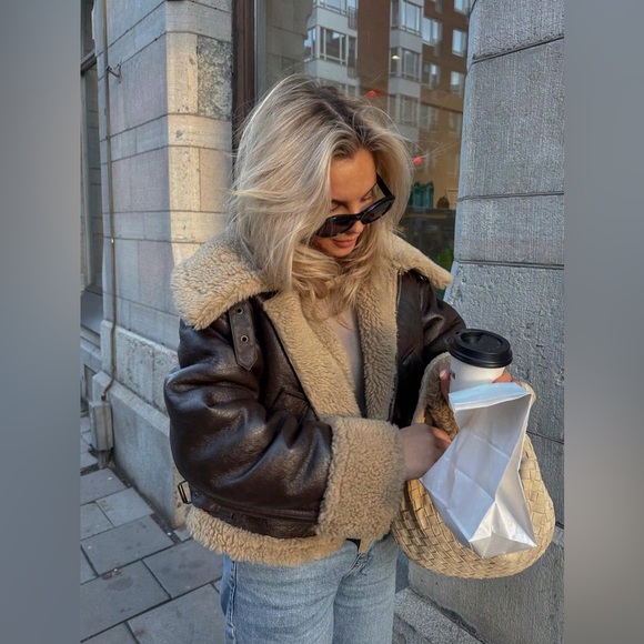 Vegan Leather Aviator Jacket Faux Shearling Trim Shearling Lined chocolate brown - Picture 2 of 12